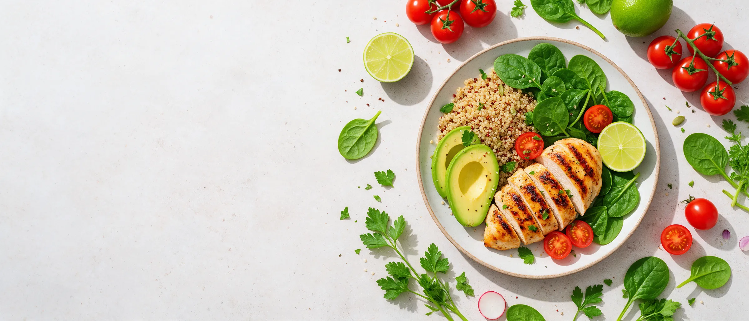 Plato saludable con pollo a la plancha, quinoa, aguacate y espinacas