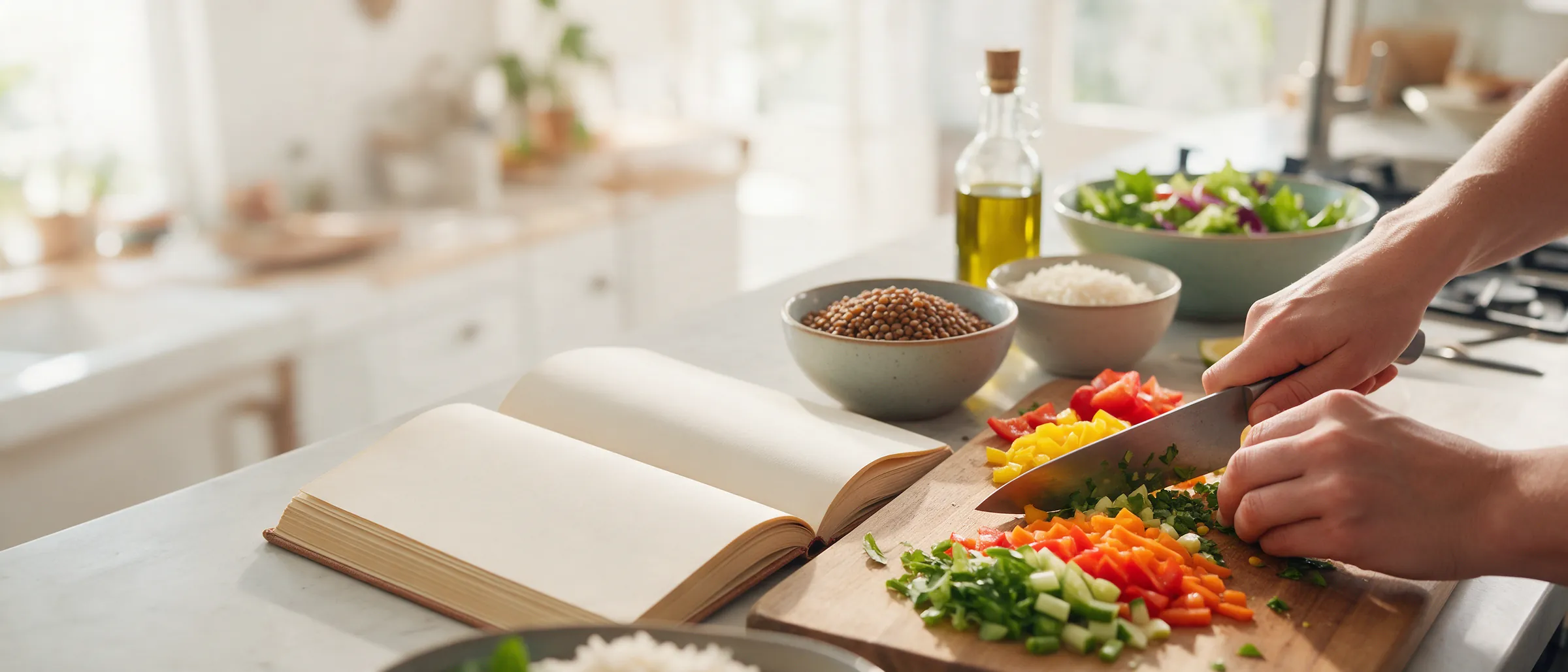 Manos picando verduras de colores junto a un recetario abierto